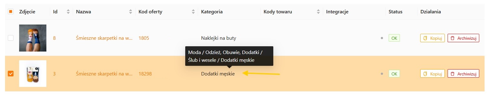 Kolumna Kategoria na liście ofert w xSale z podglądem pełnej ścieżki kategorii
