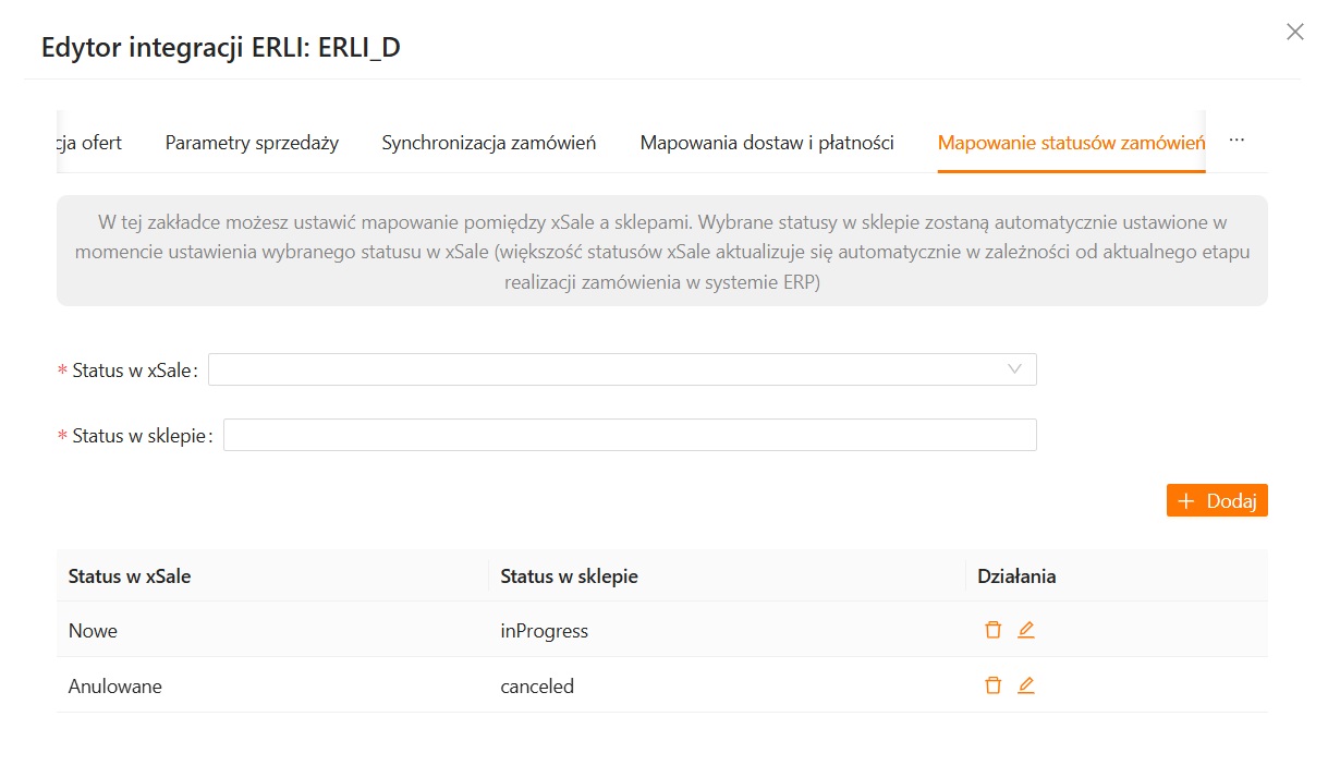 Mapowanie statusów zamówień Erli w kreatorze integracji V2