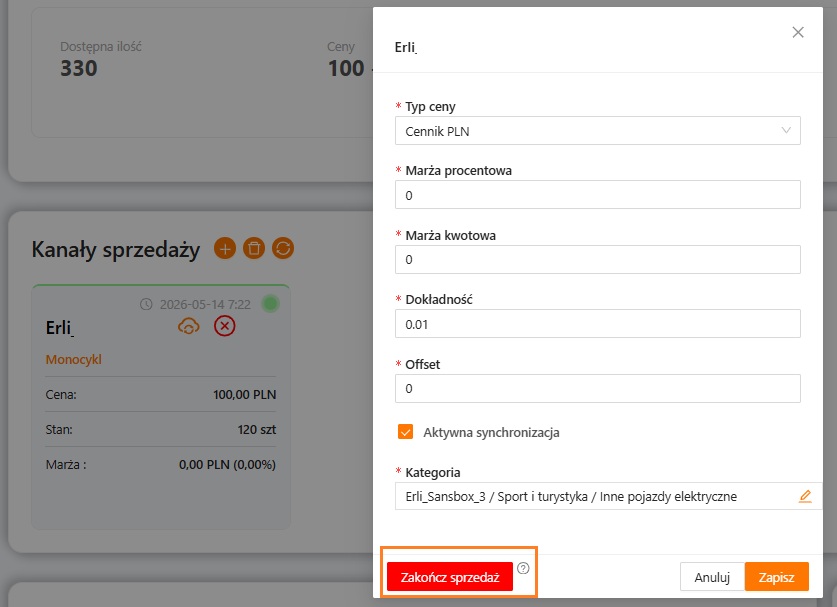 Przycisk zakończenia sprzedaży dla oferty Erli w xSale