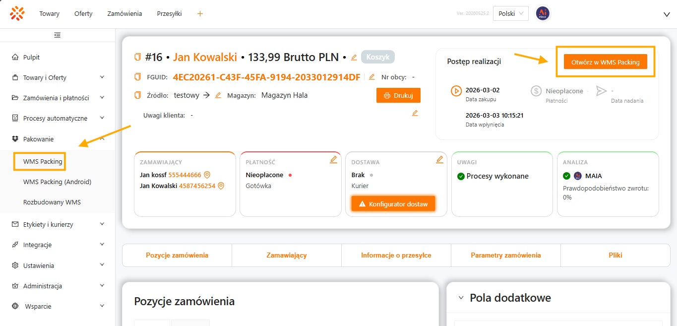 Wejście do WMS Packing z menu bocznego oraz z edycji zamówienia w xSale